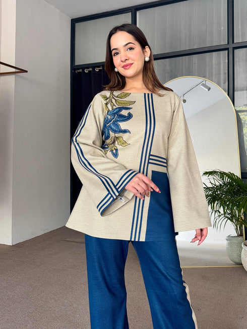 Beige Blue Woollen Coord Set